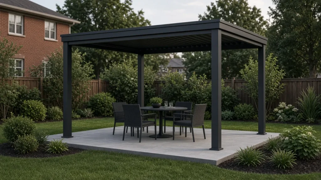 A table and four chairs beneath a compact louvered pergola. Concept visualization · Not a customer installation