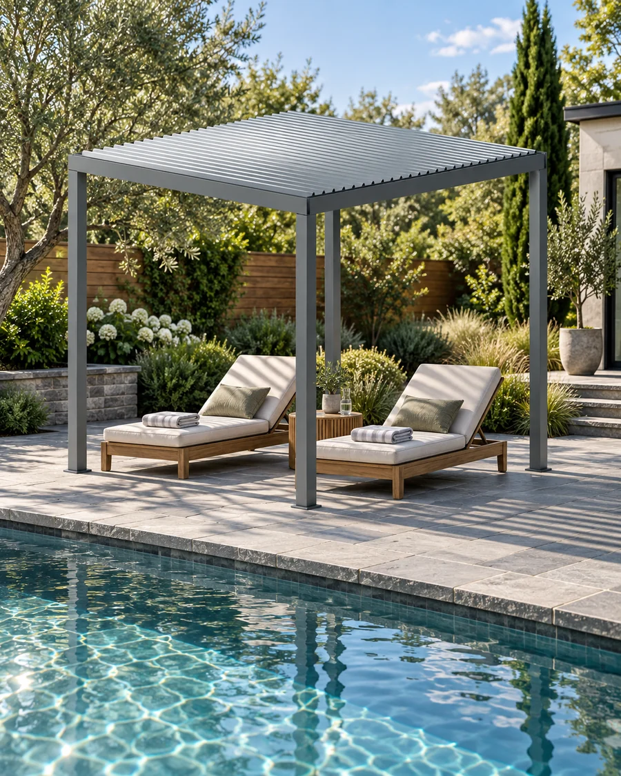 Loungers beneath a pergola beside a pool. Concept visualization · Not a customer installation